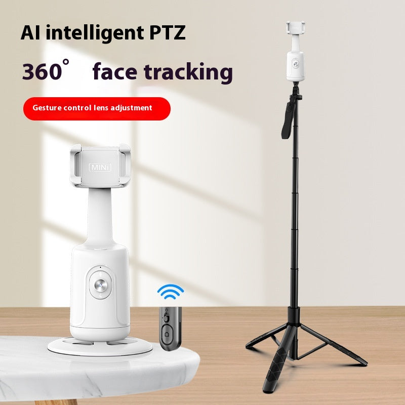 White 360° AI face-tracking phone holder with tripod stand