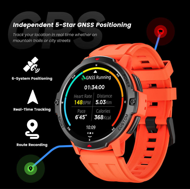 Waterproof GPS smartwatch with orange silicone strap and black round display face