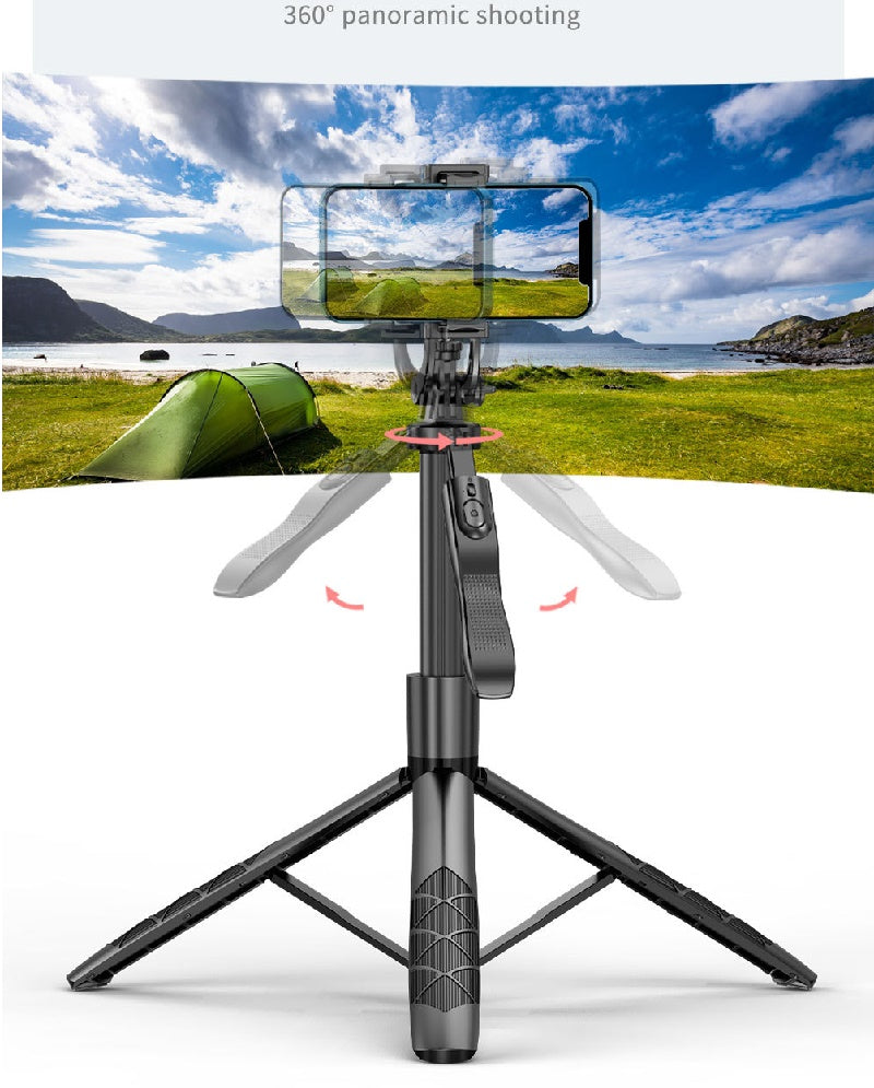 Black 360-degree phone holder on tripod with smartphone mounted
