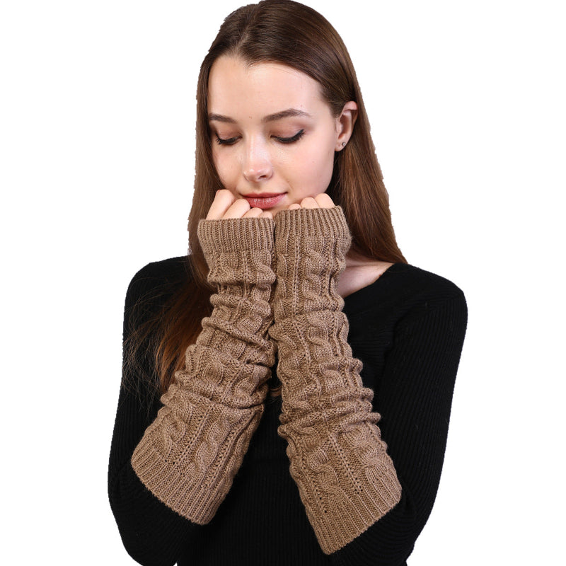 Twist-knit fingerless arm warmers in khaki, long sleeves with cable-knit texture