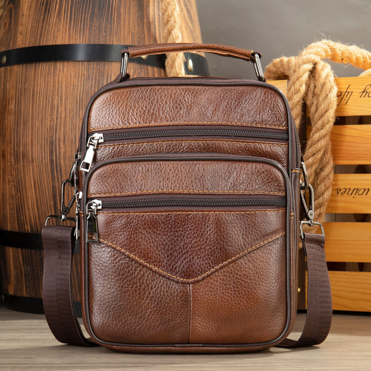 Men's genuine leather crossbody bag, medium-brown textured leather with front zip pockets
