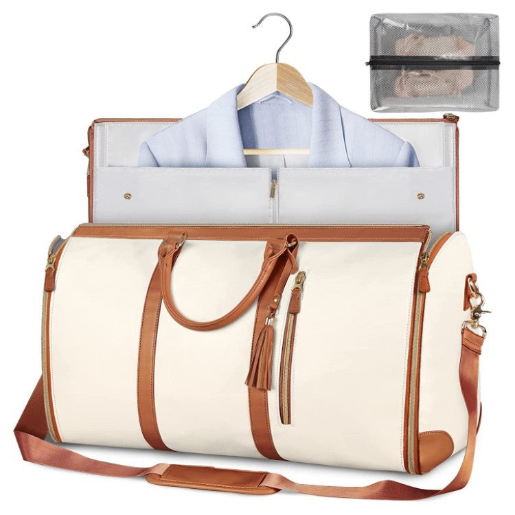 White and brown large-capacity travel duffel bag with zipper top and shoulder strap, open inside