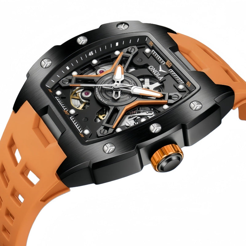 Men's sporty automatic mechanical watch with orange silicone strap, close-up dial view