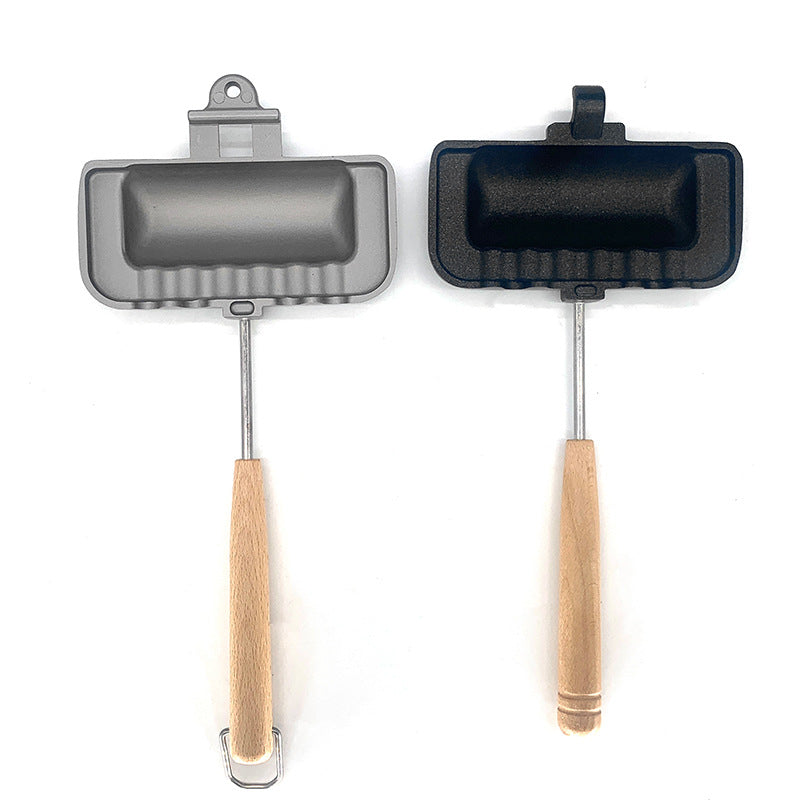 Double-sided sandwich pan with wooden handles, gray and black hinged non-stick plates