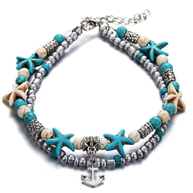 Turquoise and silver beaded anklet with starfish charms and anchor pendant