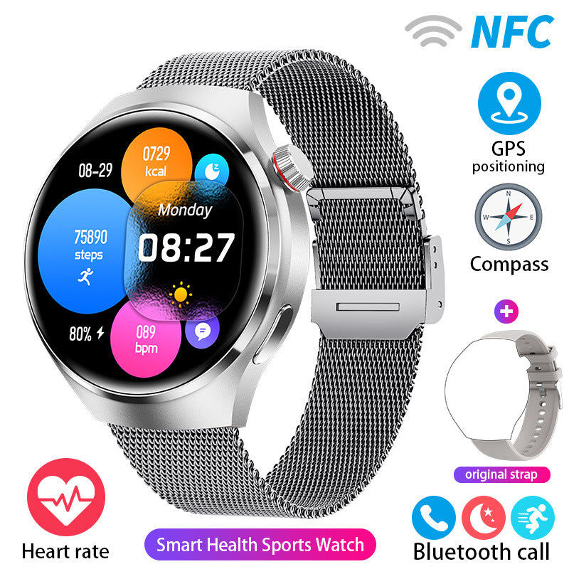 Silver-color round smartwatch with silver mesh band and colorful activity circles on the screen