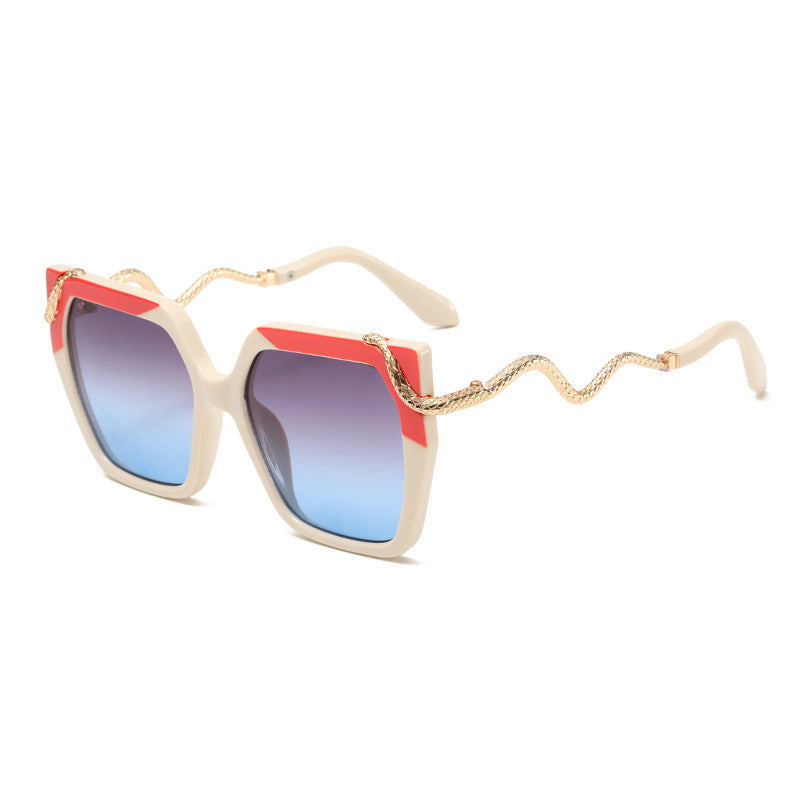 Square cream sunglasses with red-to-blue tinted gradient lenses and gold snake temples