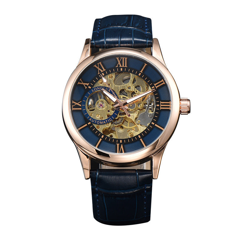 Men's mechanical skeleton watch, rose gold case, dark blue dial, blue leather strap