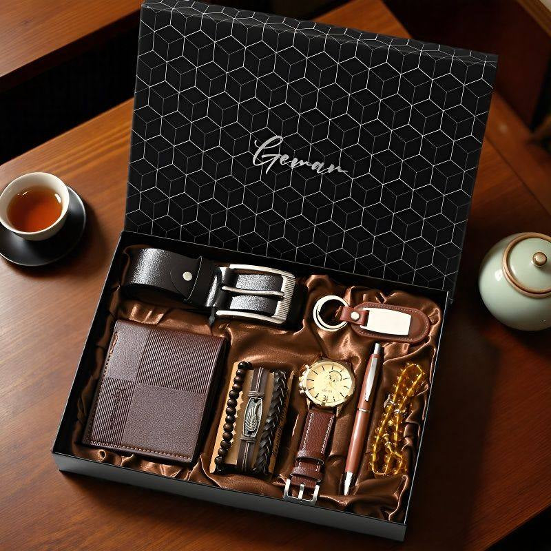 Men's gift set in black geometric box, mixed leather items with belt, wallet, gold watch, sunglasses, perfume