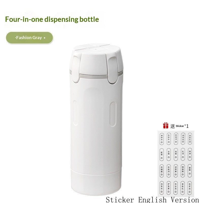 Four-in-one travel dispenser bottle in white with label sticker sheet