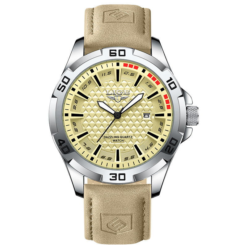 Men's quartz wristwatch with gold textured dial, yellow hands, and beige leather strap