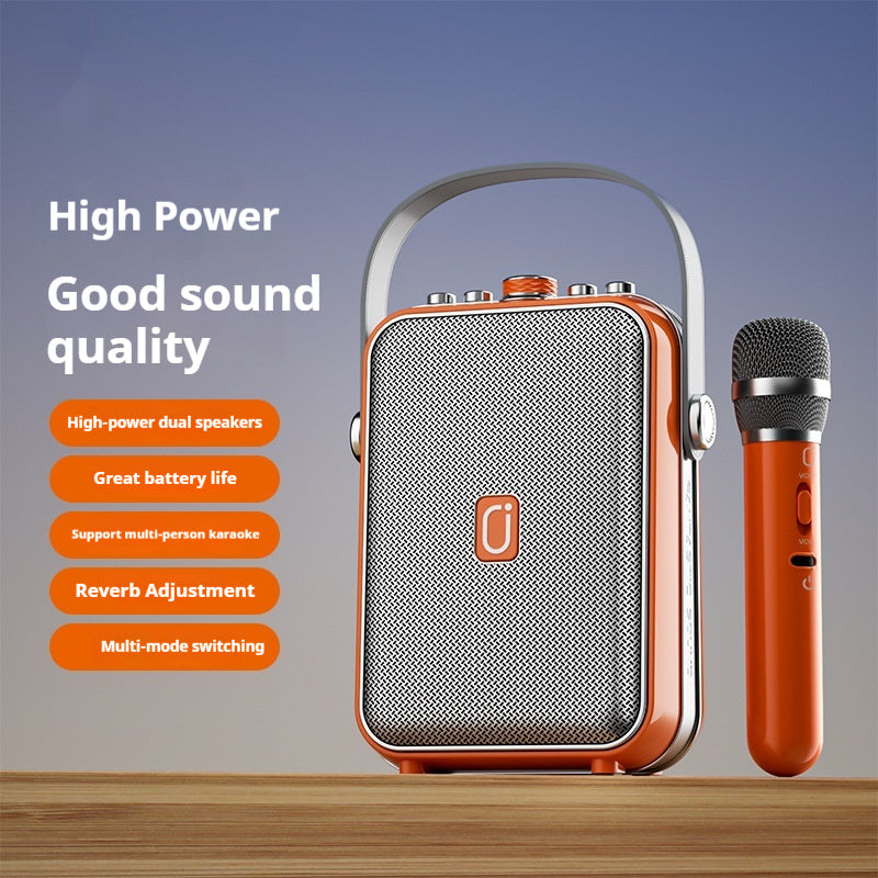 Black portable karaoke Bluetooth speaker with dual handheld microphones