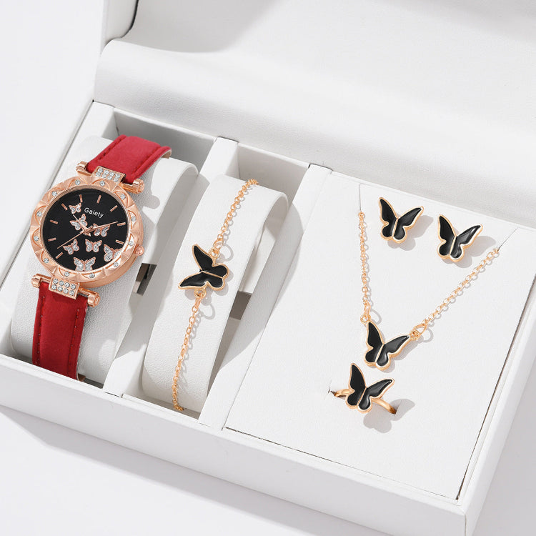 Women’s butterfly quartz watch with red strap and butterfly jewelry set in display box