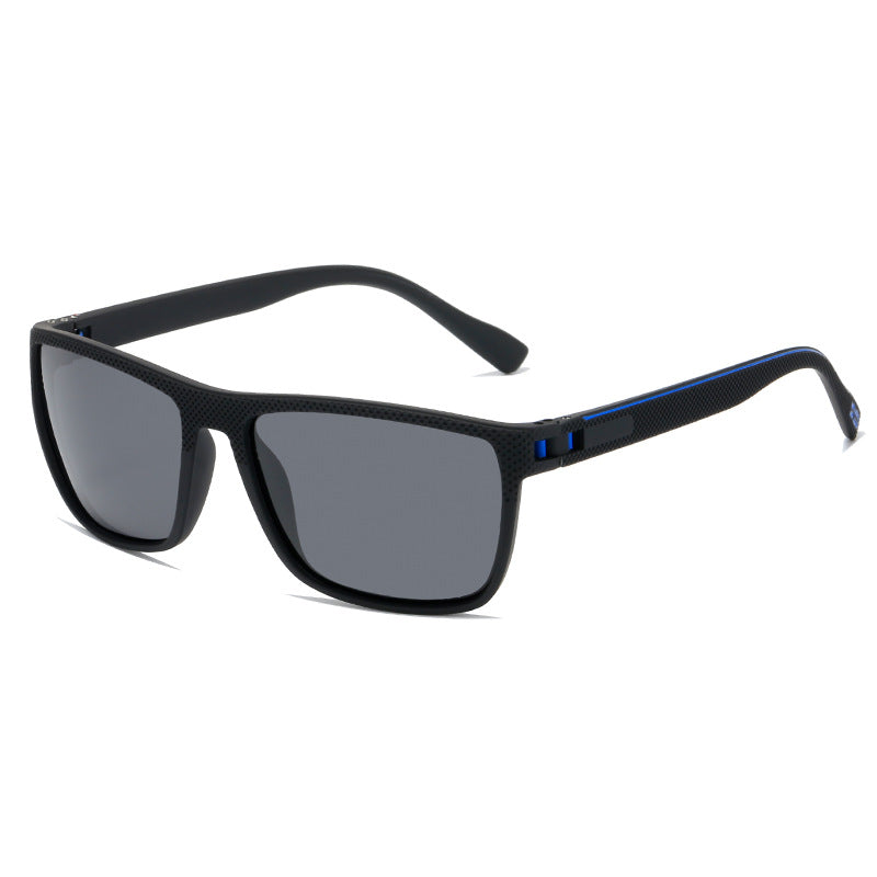 Polarized UV400 driving sunglasses, black PC frame with dark gray lenses and blue line detail