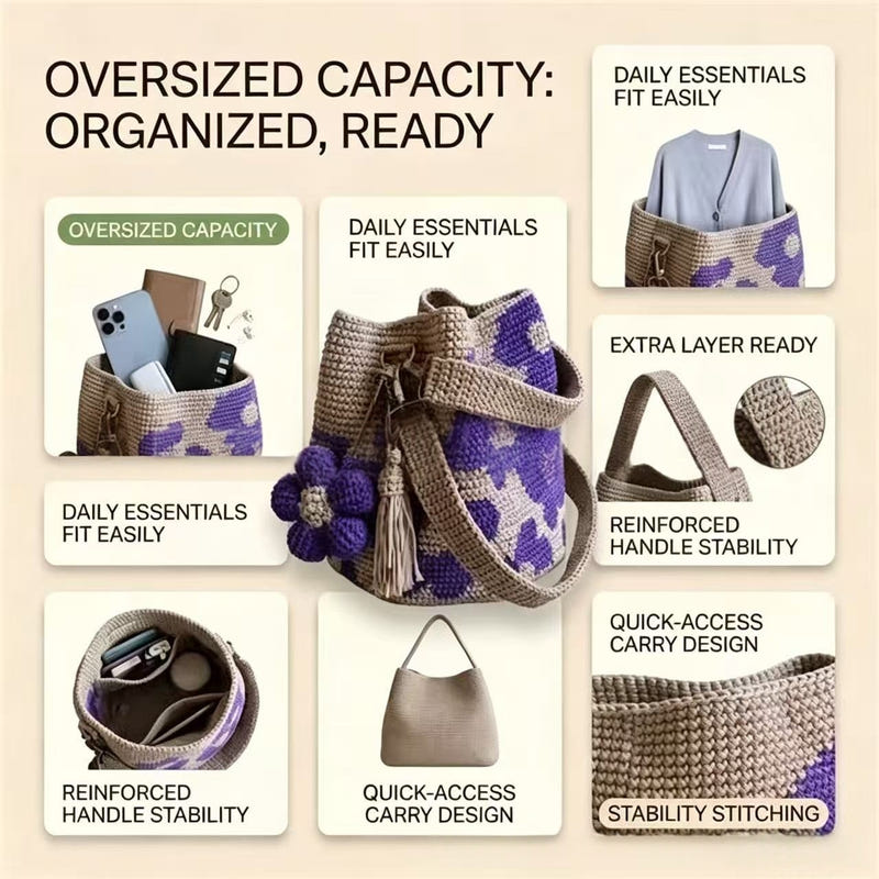 Hand-crocheted flower tote bag with purple pattern, crocheted blooms, and fringe tassel