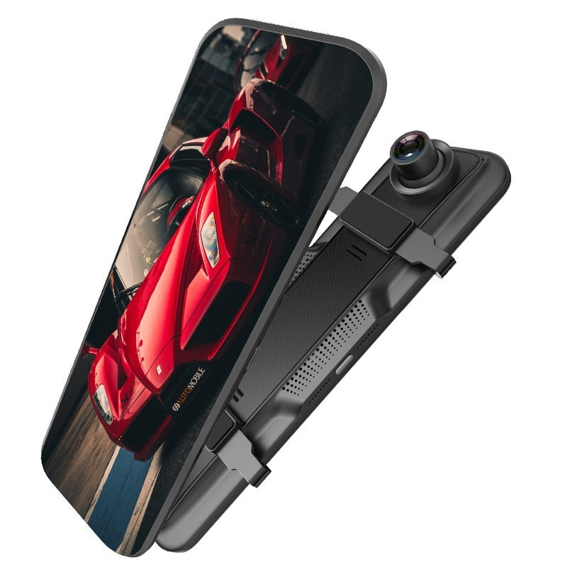 Rearview mirror dash cam with dual-lens camera module and curved display