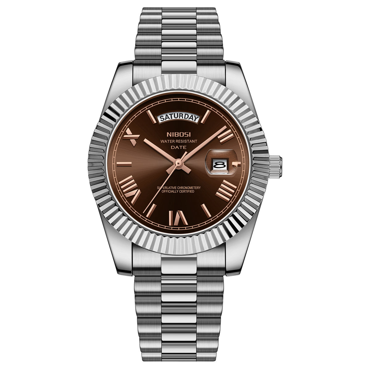 Men's steel quartz wristwatch with brown dial, date window, metal link bracelet