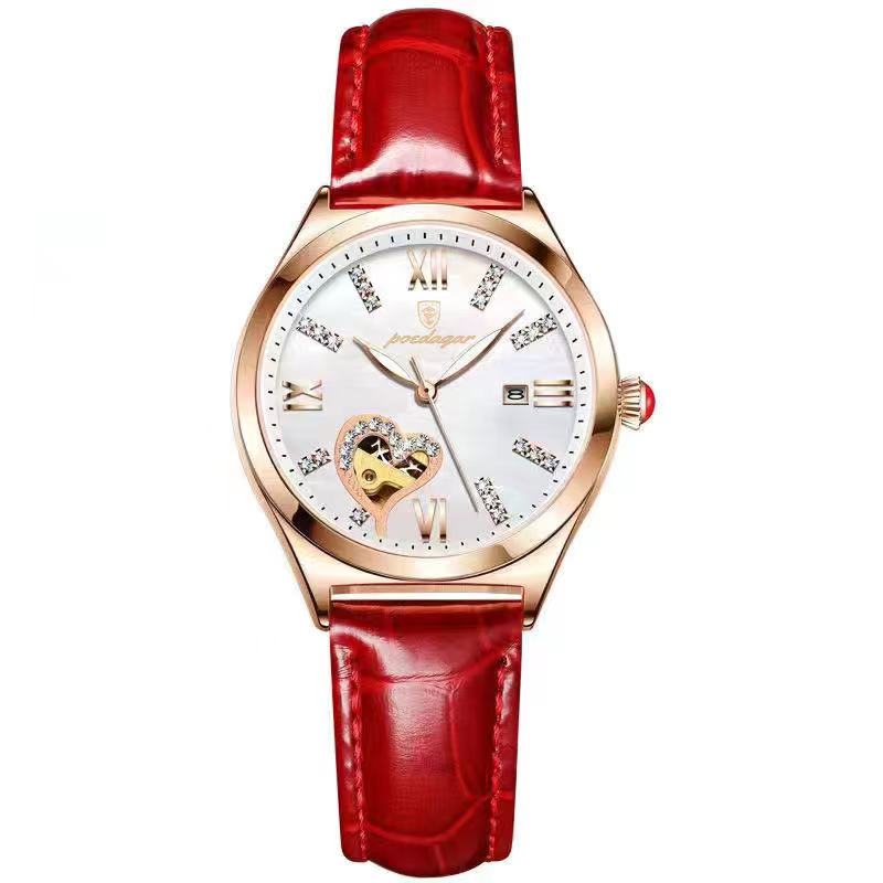 Women's automatic mechanical watch with white dial, rose-gold case, red leather strap