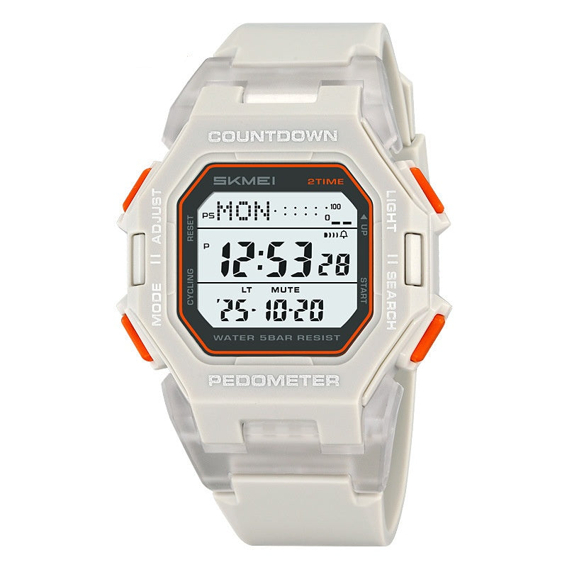 Light gray SKMEI digital sports watch with orange side buttons and a rectangular time display