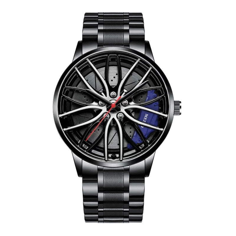 Men’s quartz wristwatch with metal bracelet; racing wheel dial with blue accents