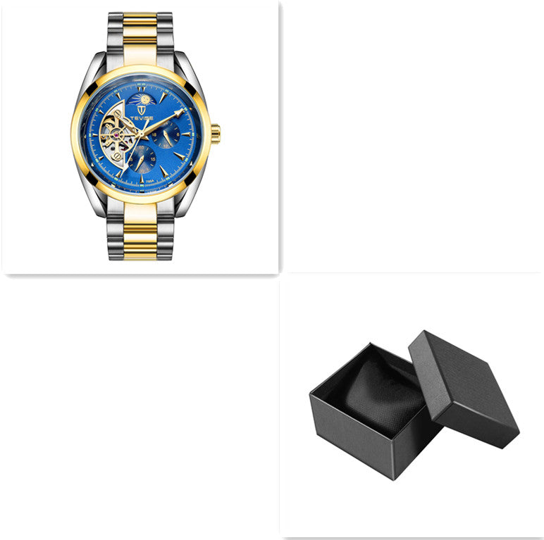 Two-tone blue-dial mechanical watch shown alongside an open black box