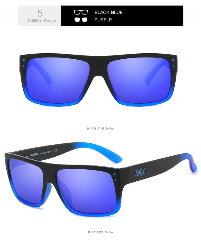 Black sport sunglasses with purple polarized lenses and blue-purple accent temples