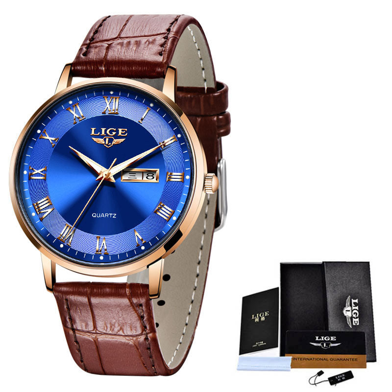 Men's quartz watch with brown leather strap and blue dial, day-date window