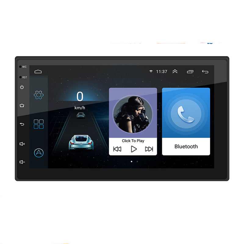 7-inch car stereo touchscreen showing Bluetooth and music controls, black bezel