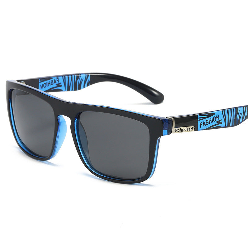 Polarized sports sunglasses with blue patterned frame and dark square lenses