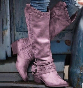 Women's knee-high suede boots, purple with perforated toe and buckle strap