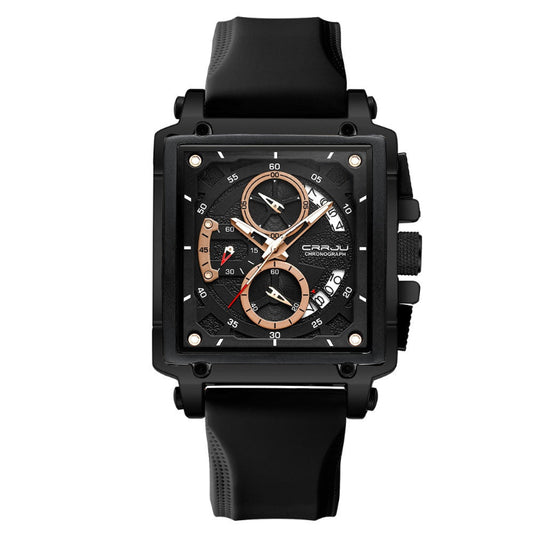 Black wristwatch with detailed face on a white background