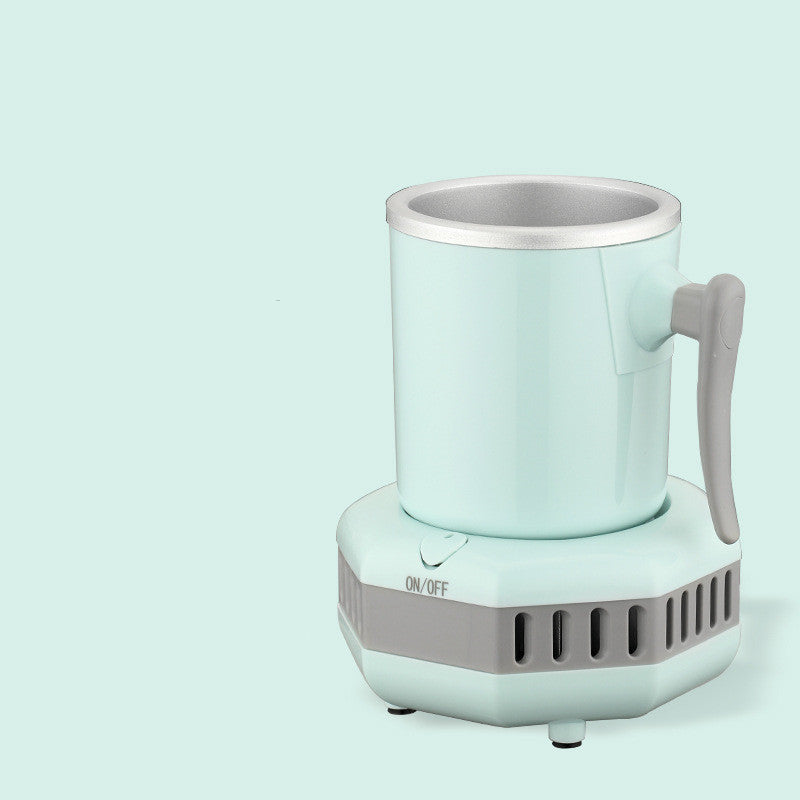 Mint-green mini ice cooling cup with side handle and stainless insert in gray base