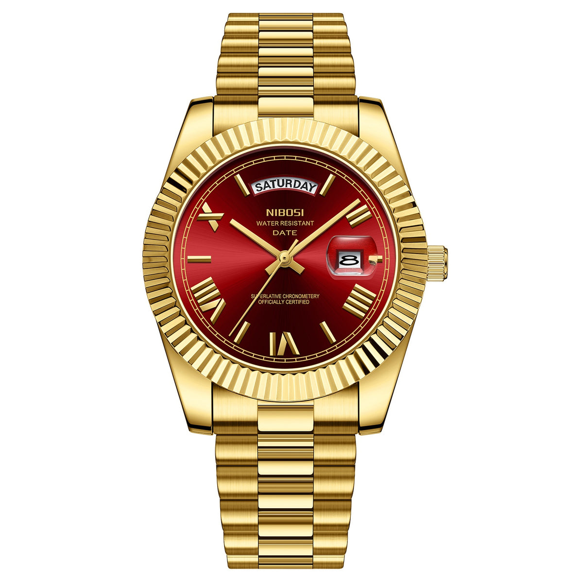 Men's quartz watch with gold steel bracelet and red dial, date window
