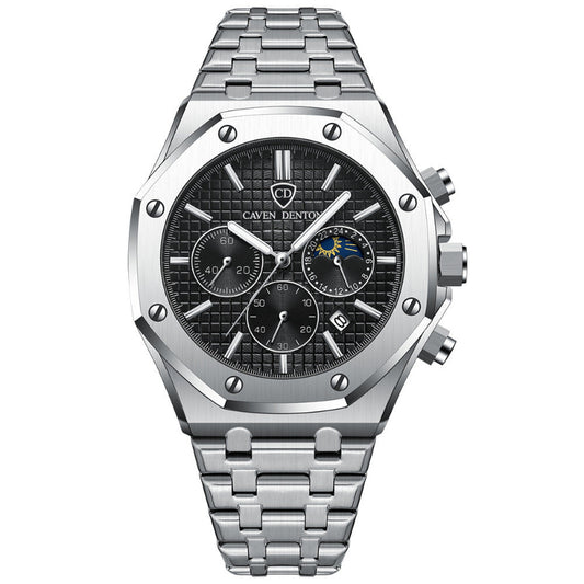 Silver watch with black dial on a white background