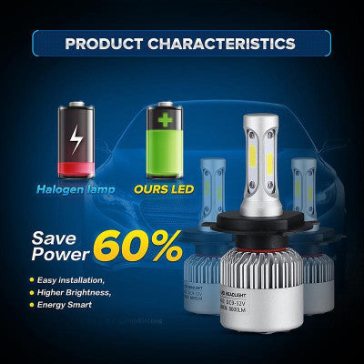 LED headlights with battery icons and power savings text on a blue background