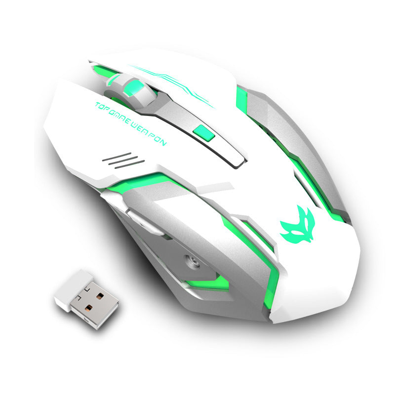 White wireless gaming mouse with green LED accents and USB receiver