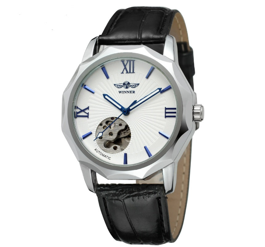 Men's automatic mechanical watch with white dial, Roman numerals, and black leather strap