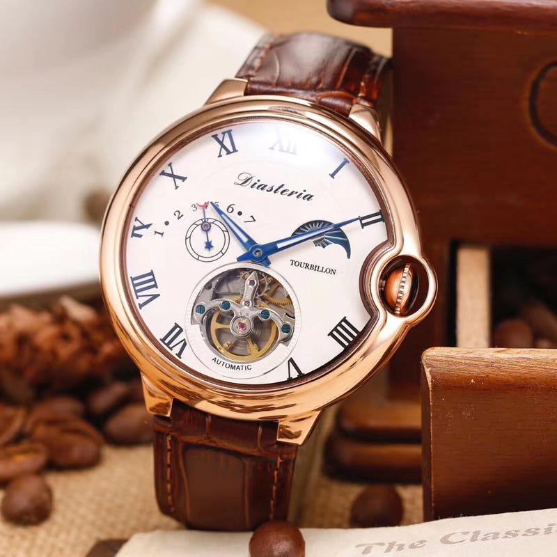 Mechanical tourbillon watch with white dial, Roman numerals, brown leather strap, gold case