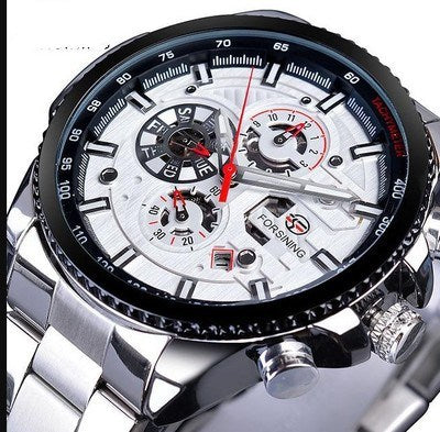 Luxury watch with detailed face and silver strap on a white background