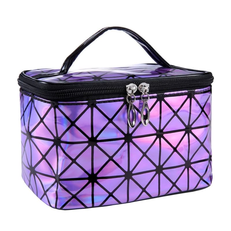 Holographic cosmetic bag with black zip top, geometric lattice pattern, double metal zipper pulls.