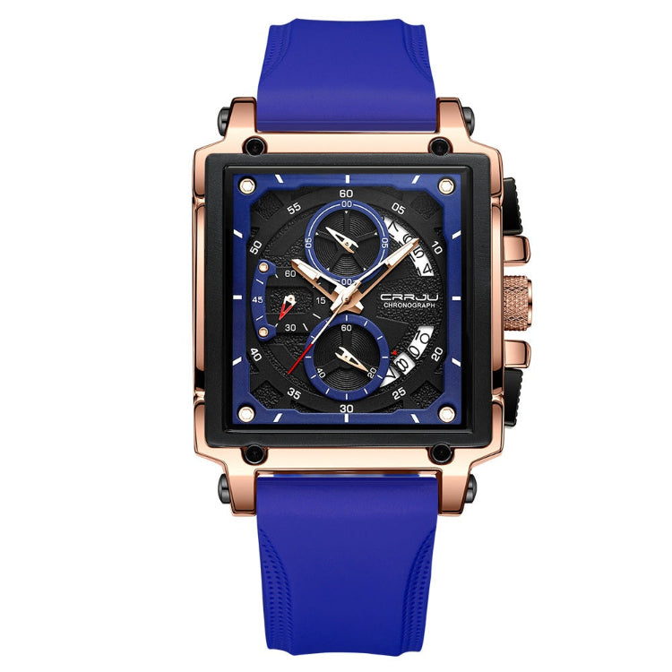 Sport square quartz watch with blue silicone strap, rose gold case, blue multi-dial face