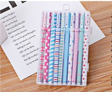 10-pack colored gel pens in clear case, pastel designs and printed icons on barrels