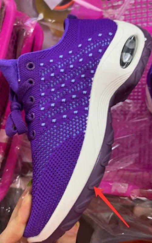 Purple knit walking sneaker with side oval air-cushion window