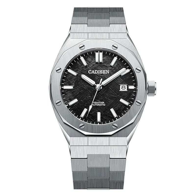 Stainless steel automatic mechanical watch with dark textured black dial and metal bracelet.