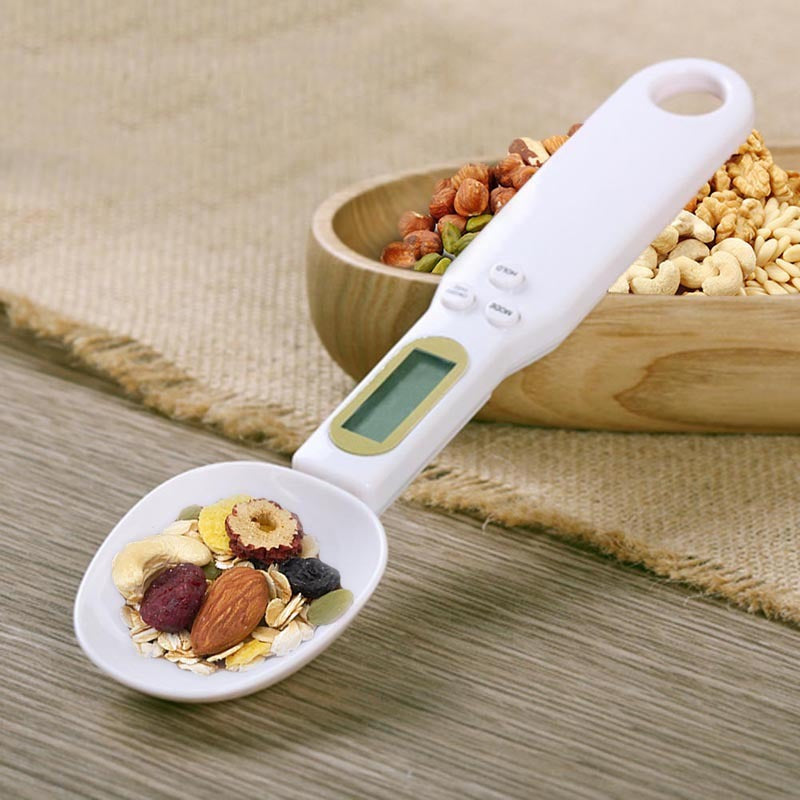 White LCD digital kitchen scale spoon with bowl for measuring ingredients