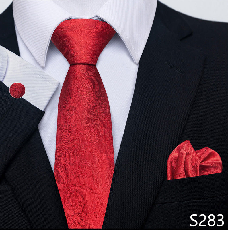 Men's formal tie scarf cuff buckle set in red paisley with tie and matching pocket square