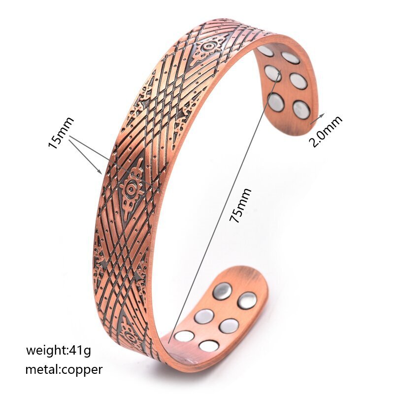 Copper magnetic therapy bracelet with geometric embossed band and circular magnet inlays.