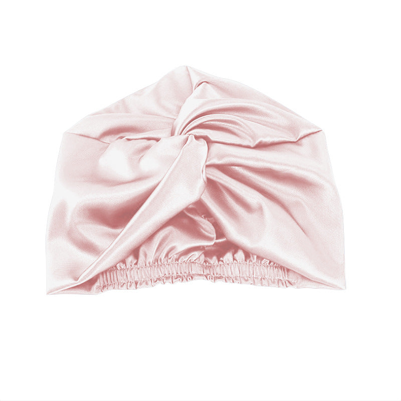 Women's satin cross nightcap, blush pink turban with gathered front