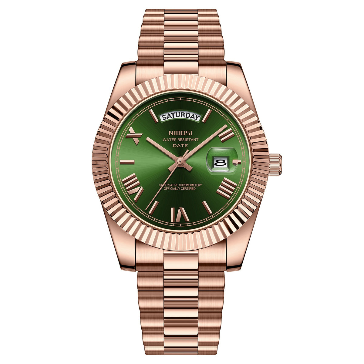 Men's quartz watch with rose gold steel bracelet and green dial, date window
