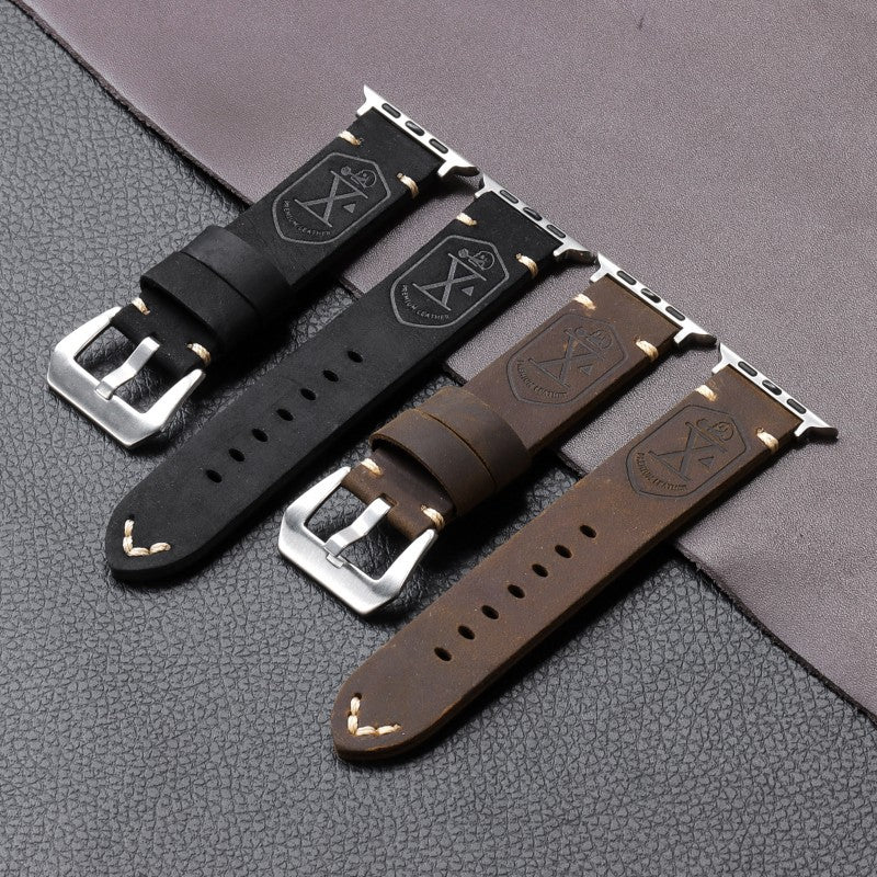 Men's leather watch bands set: black and brown straps with engraved shield panels and metal buckles